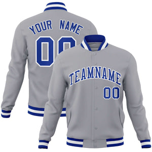 Custom Gray Royal-White Classic Style Varsity Full-Snap Letterman Jacket