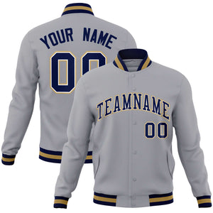 Custom Gray Navy-Old Gold Classic Style Varsity Full-Snap Letterman Jacket