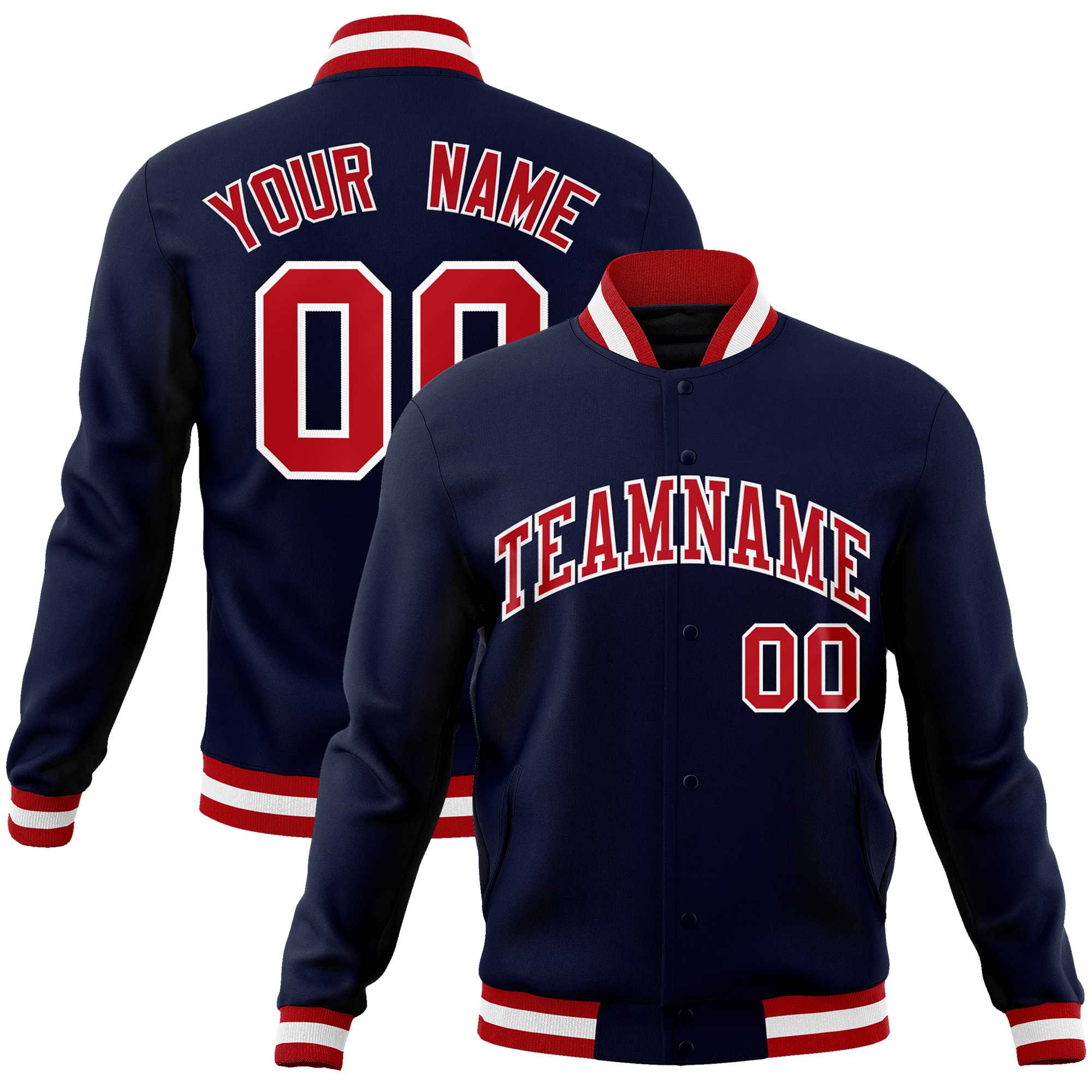 Custom Navy Red-White Classic Style Varsity Full-Snap Letterman Jacket