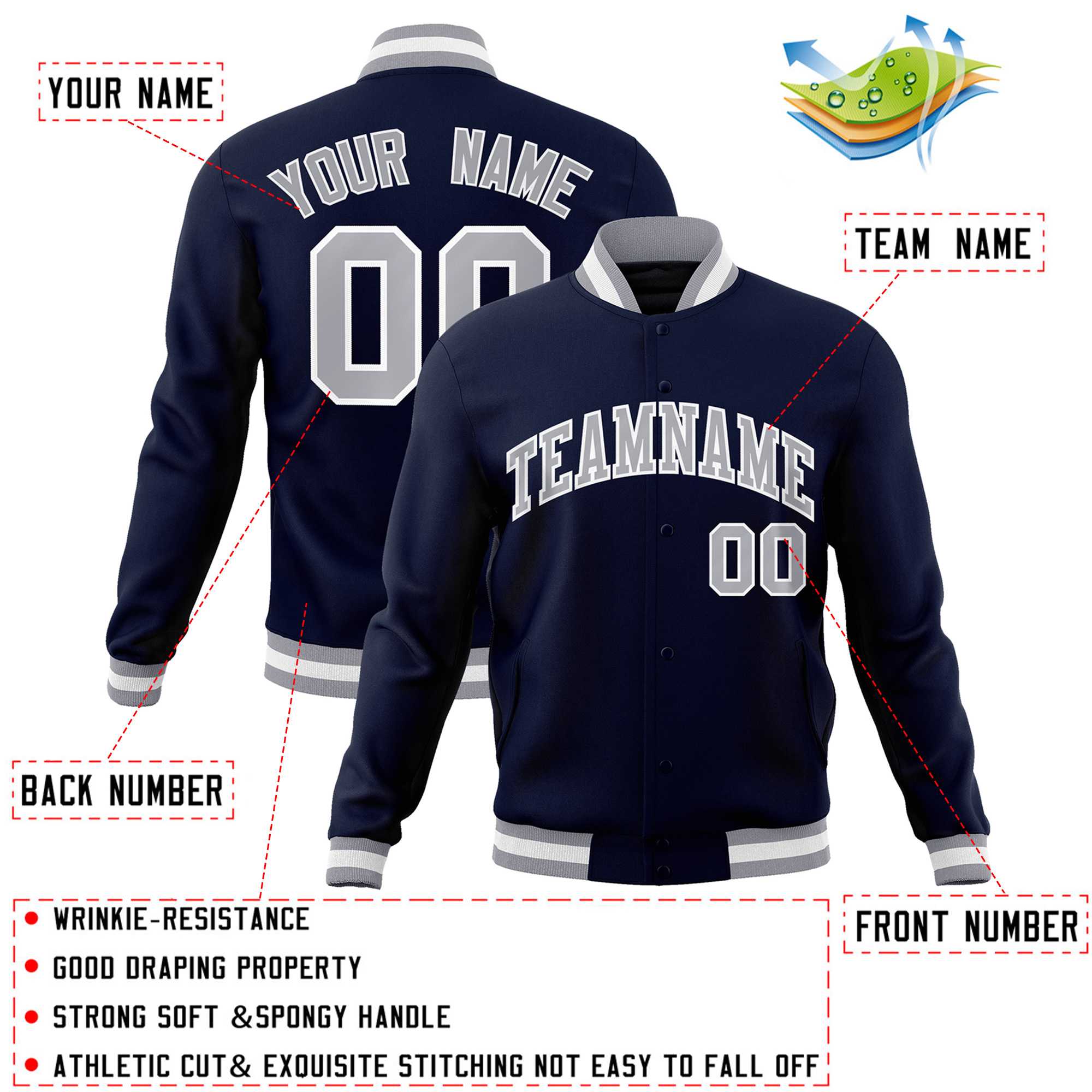 Custom Navy Gray-White Classic Style Varsity Full-Snap Letterman Jacket