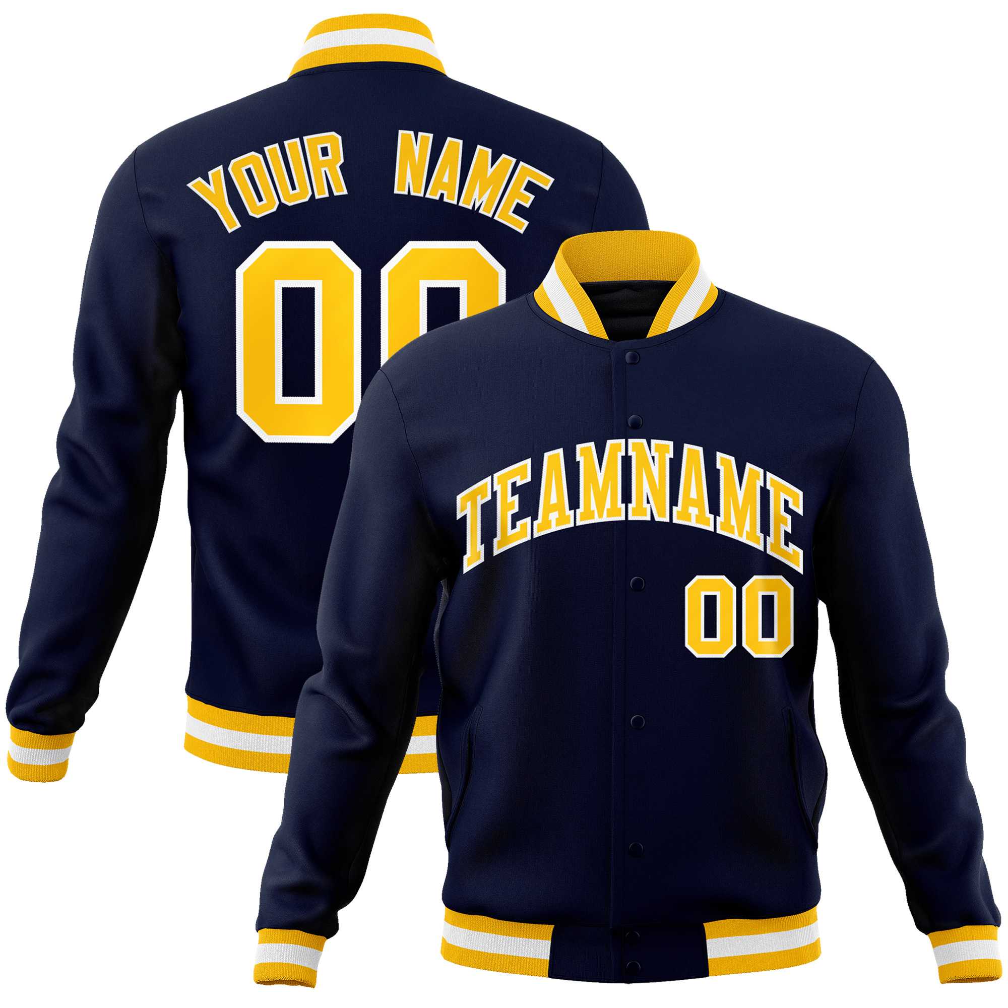 Custom Navy Gold-White Classic Style Varsity Full-Snap Letterman Jacket