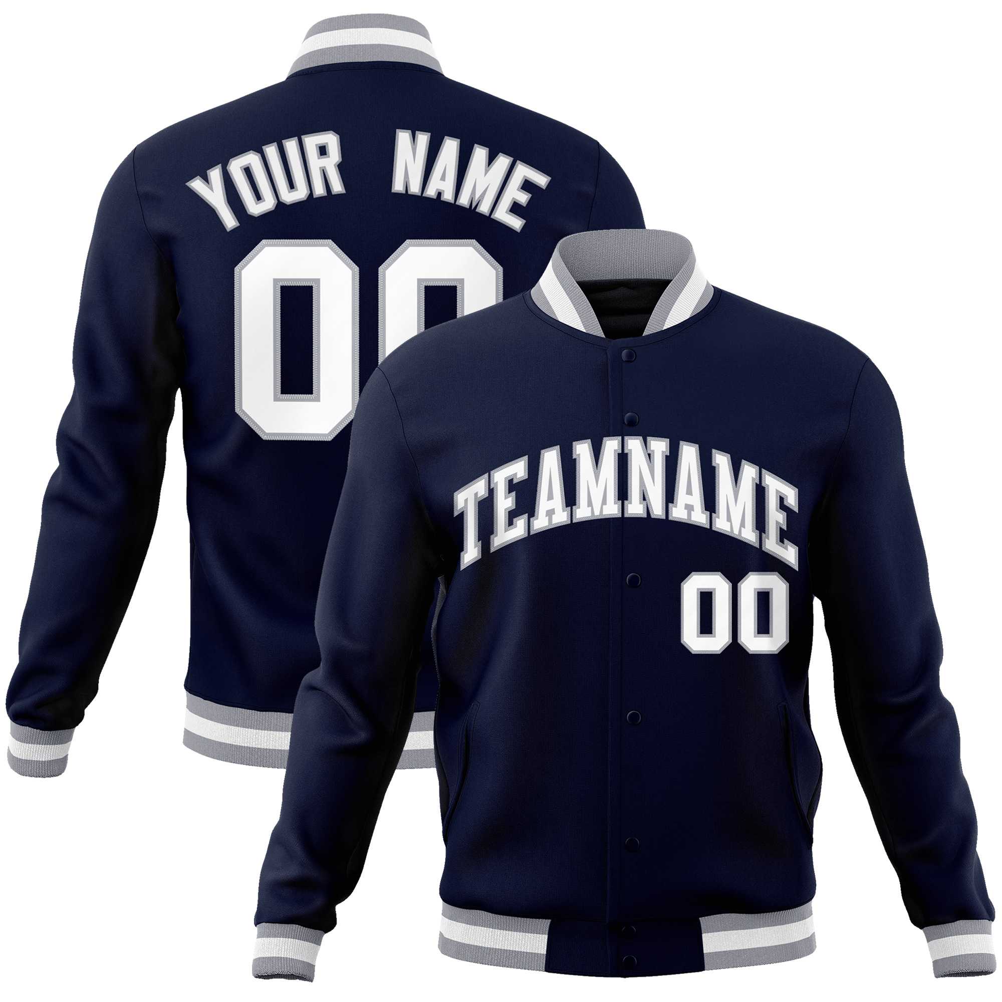 Custom Navy White-Gray Classic Style Varsity Full-Snap Letterman Jacket