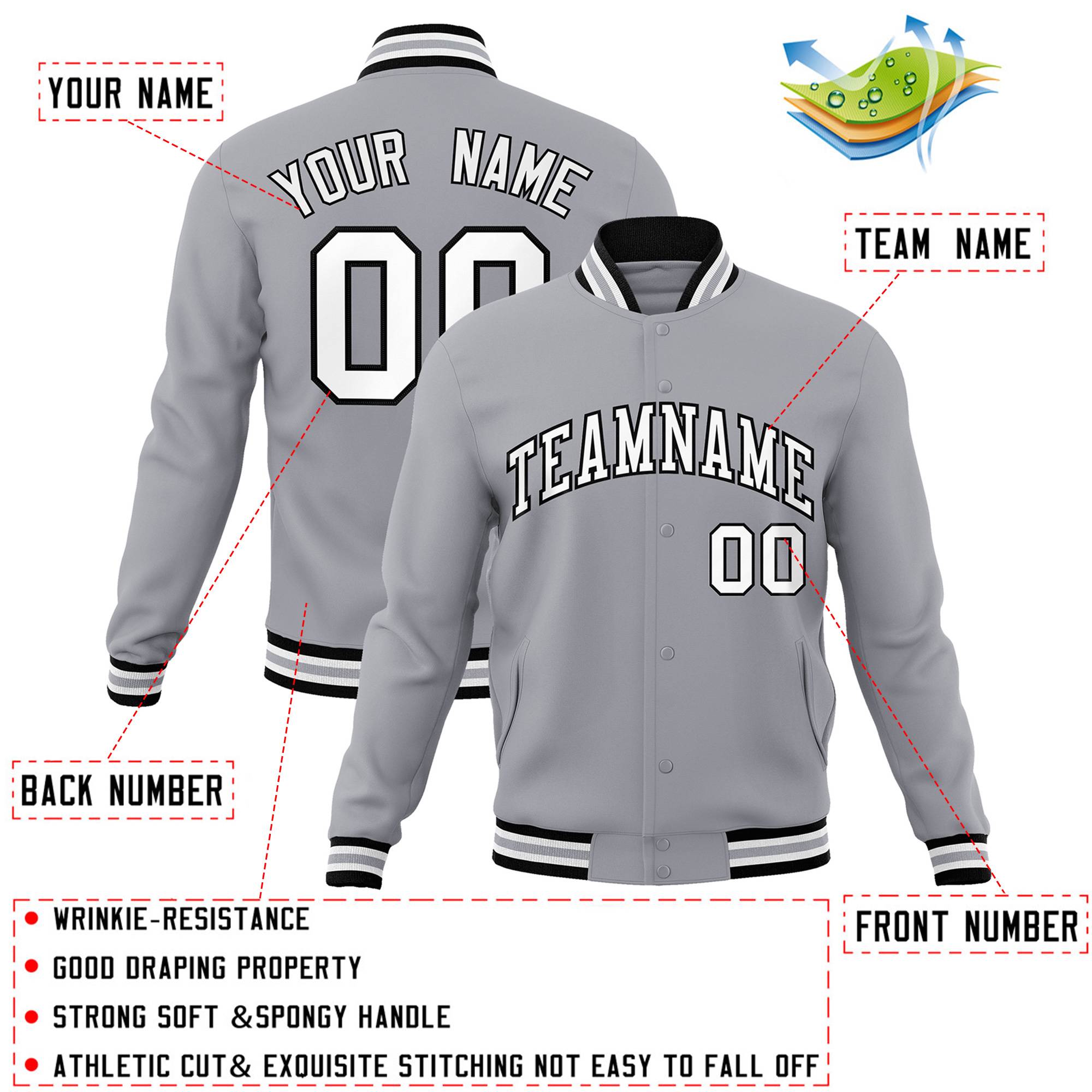 Custom Gray White-Black Classic Style Varsity Full-Snap Letterman Jacket