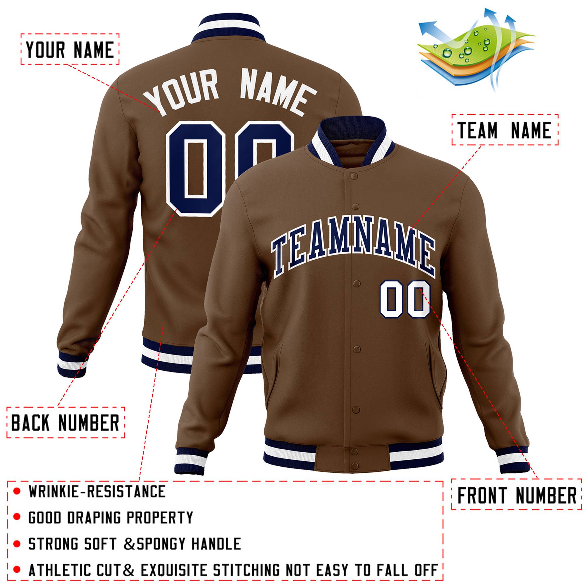 Custom Light Brown Navy-White Classic Style Varsity Full-Snap Letterman Jacket