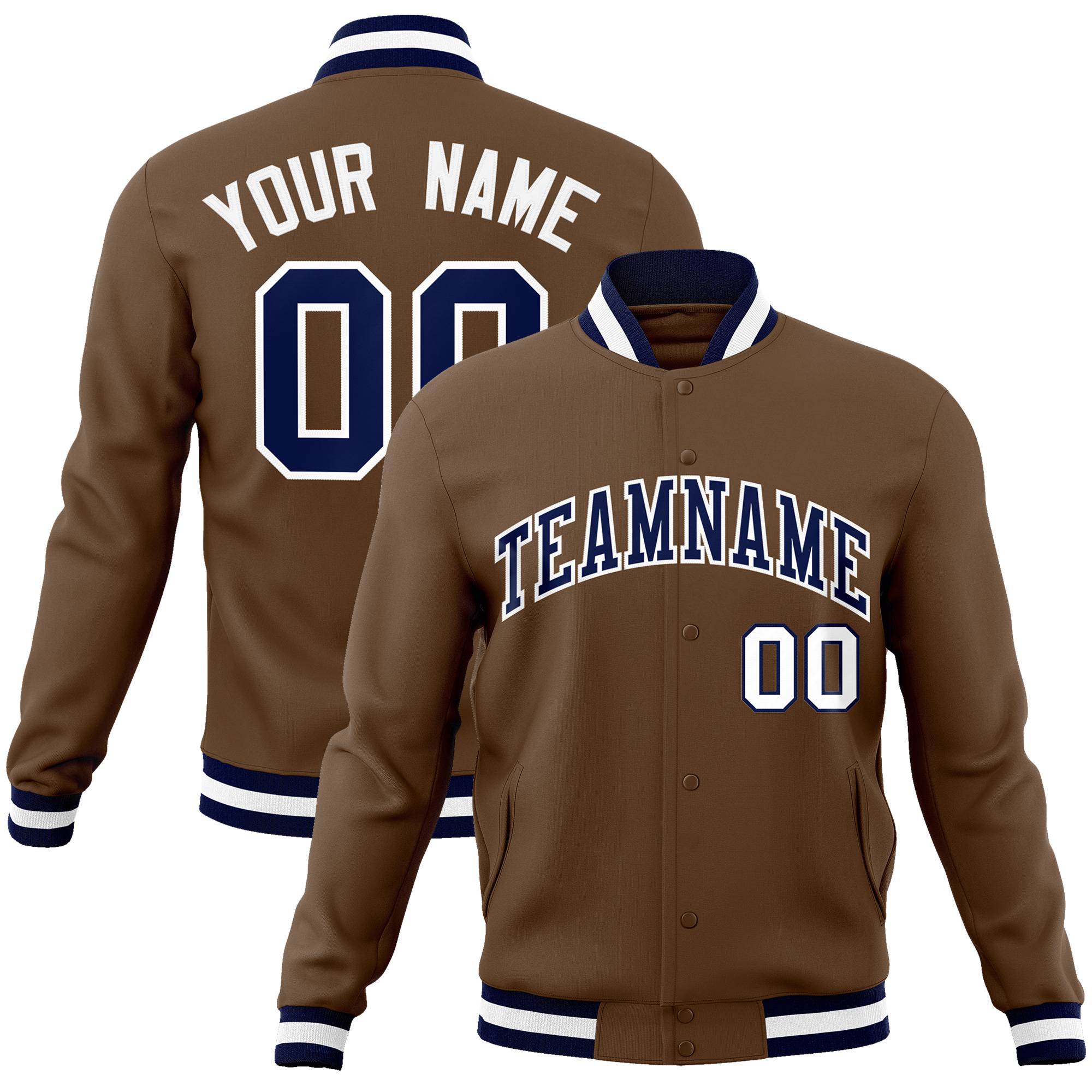 Custom Light Brown Navy-White Classic Style Varsity Full-Snap Letterman Jacket