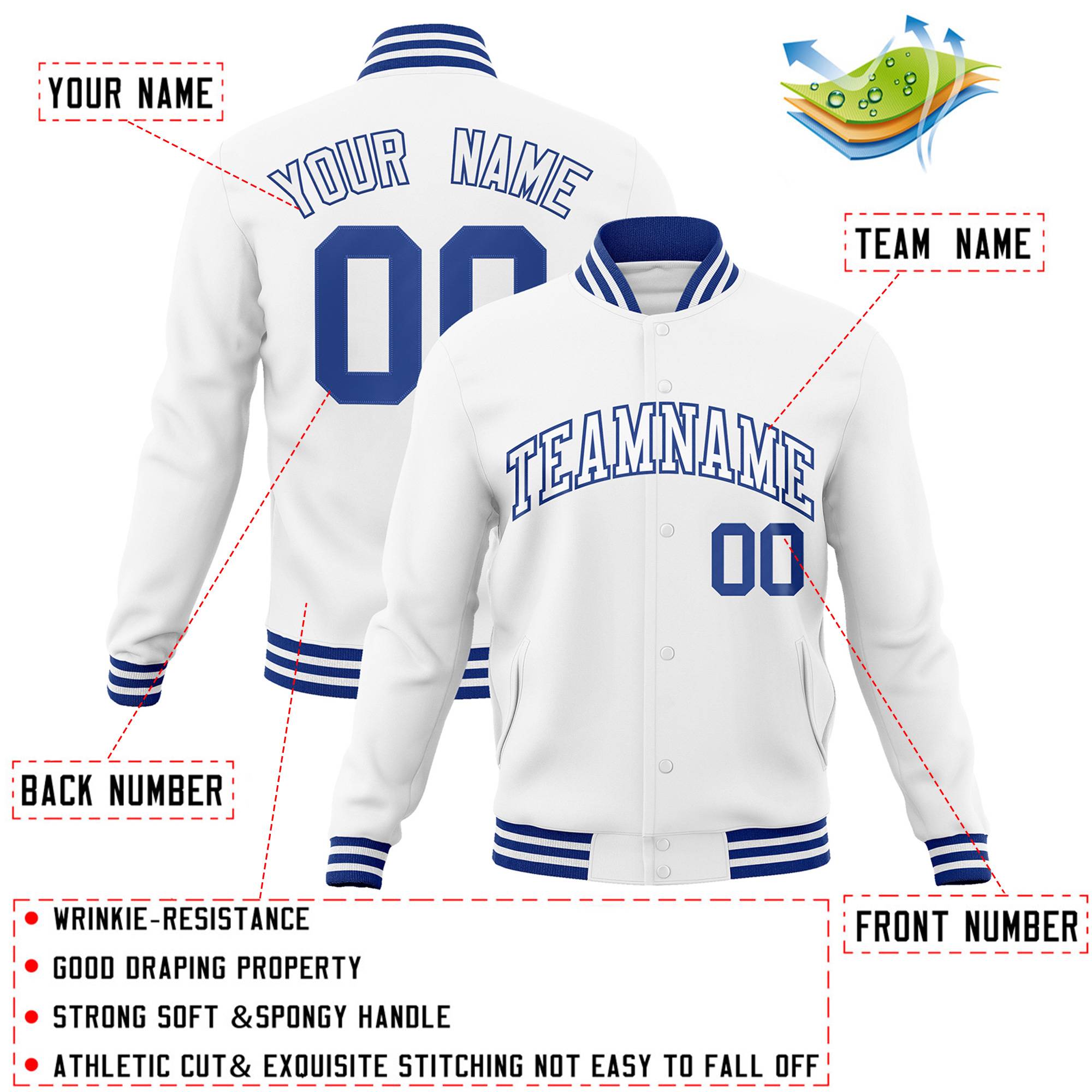 Custom White White-Royal Classic Style Varsity Full-Snap Letterman Jacket