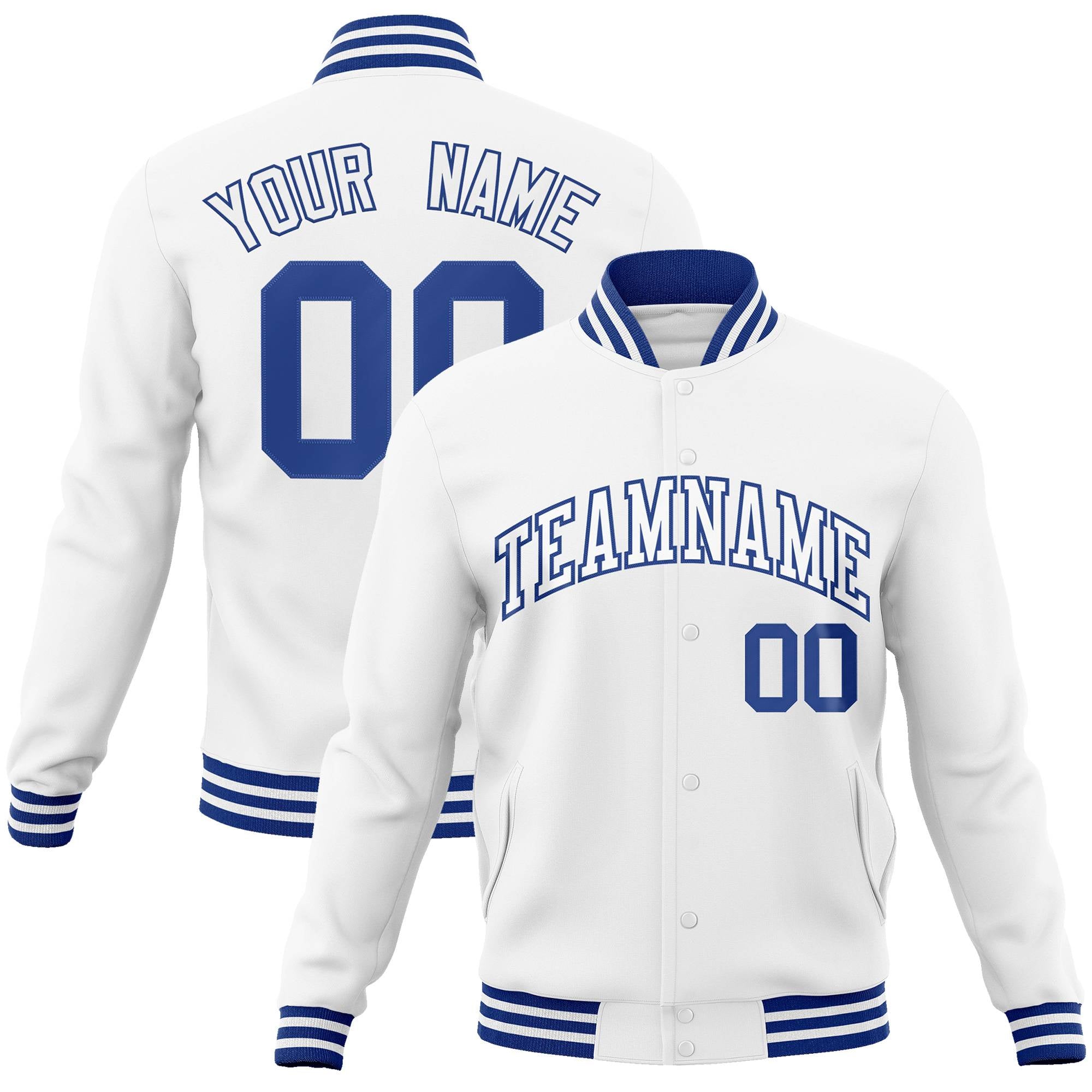 Custom White White-Royal Classic Style Varsity Full-Snap Letterman Jacket