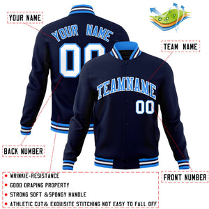 Custom Navy Powder Blue-White Classic Style Varsity Full-Snap Letterman Jacket