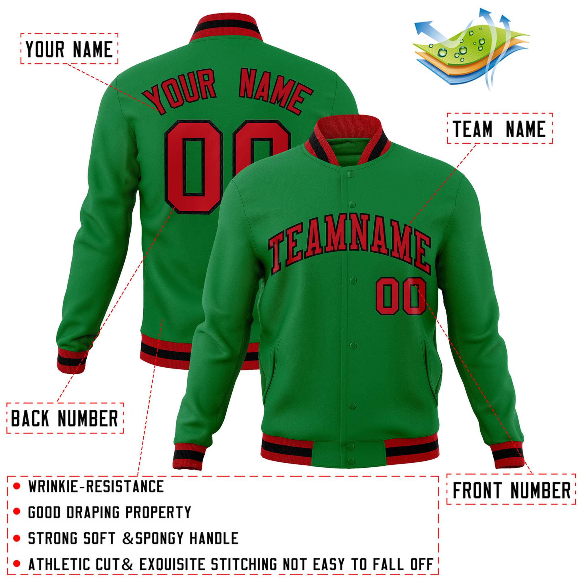 Custom Green Red-Black Classic Style Varsity Full-Snap Letterman Jacket