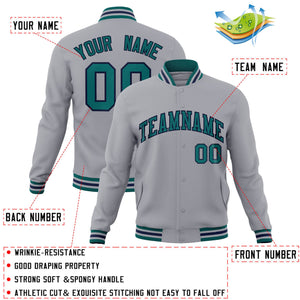 Custom Gray Aqua-Navy Classic Style Varsity Full-Snap Letterman Jacket