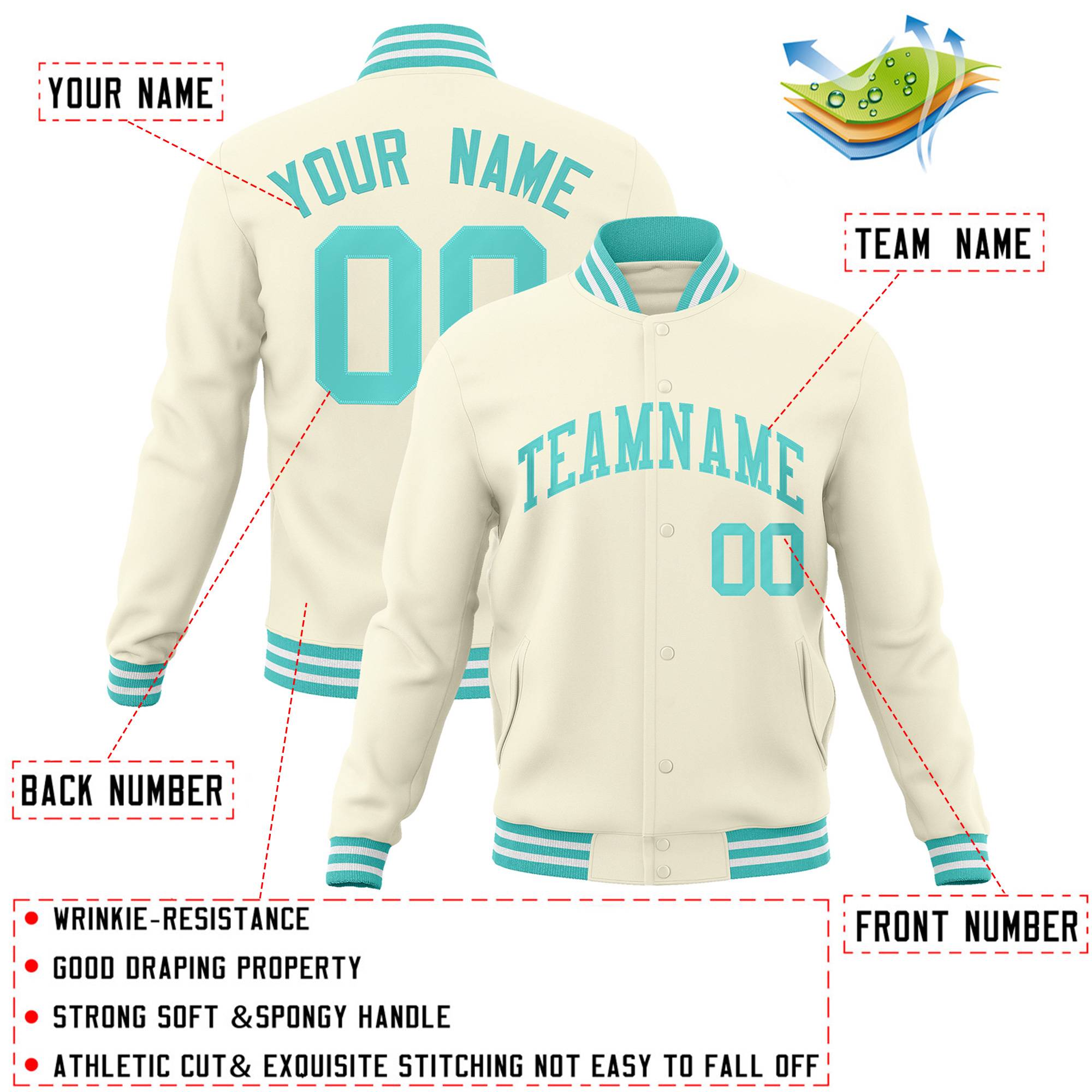 Custom Khaki Aqua Classic Style Varsity Full-Snap Letterman Jacket