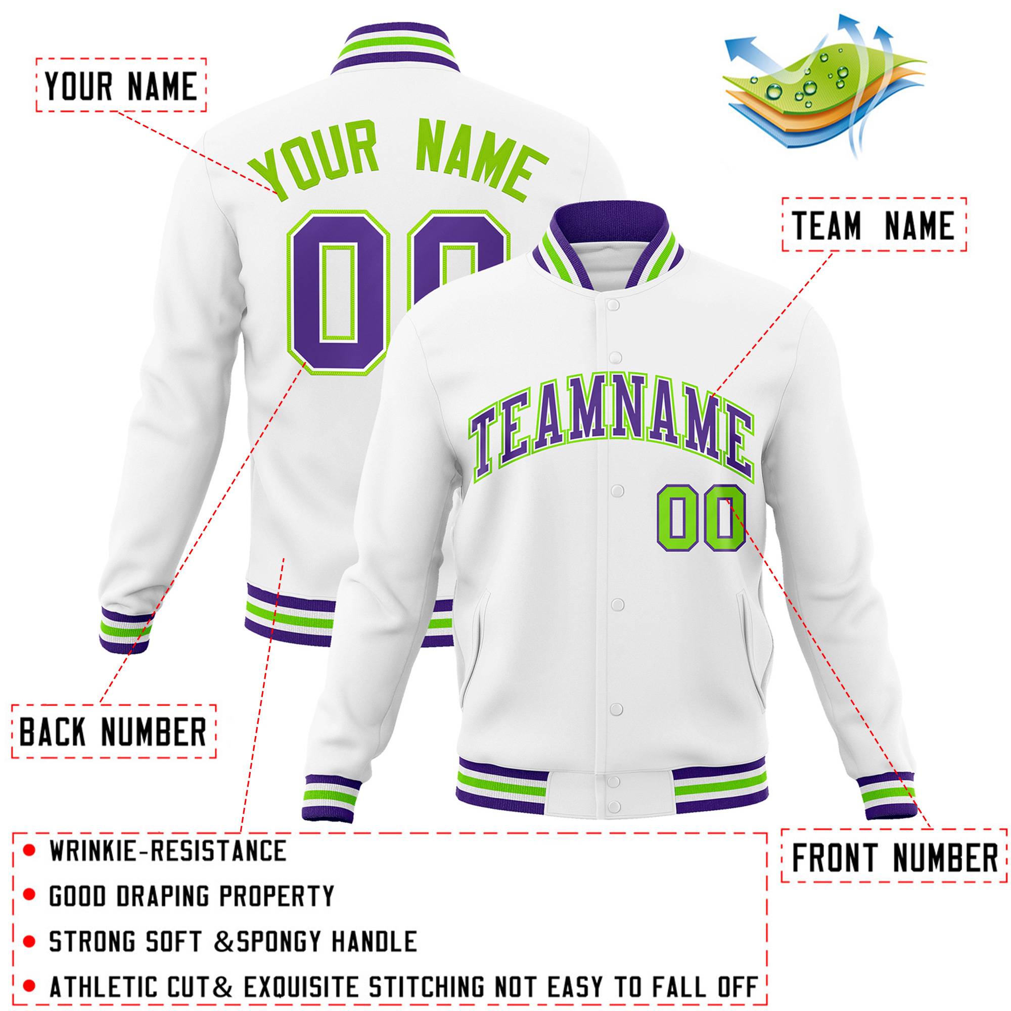 Custom White Purple-White Classic Style Varsity Full-Snap Letterman Jacket