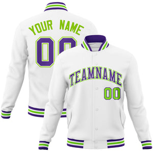 Custom White Purple-White Classic Style Varsity Full-Snap Letterman Jacket