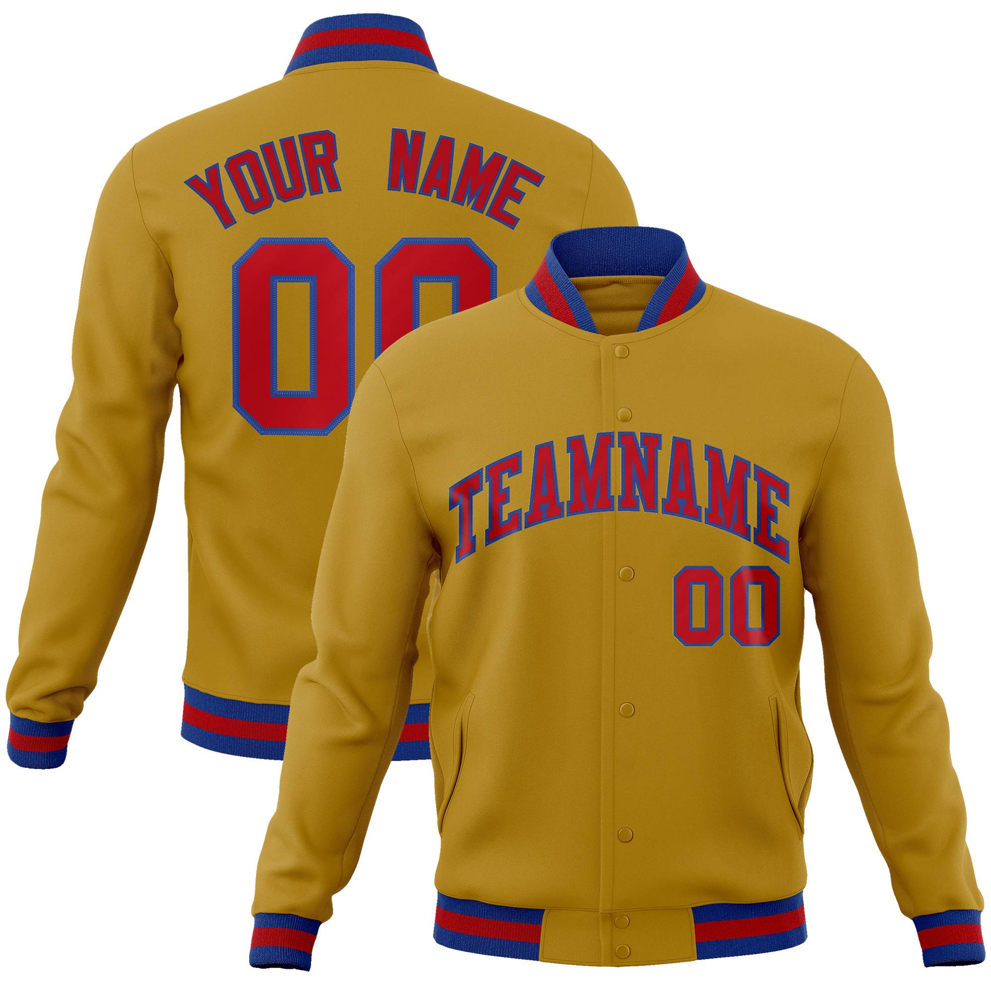 Custom Old Gold Red-Royal Classic Style Varsity Full-Snap Letterman Jacket