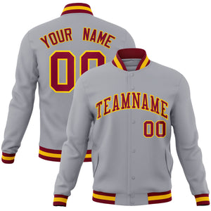 Custom Gray Crimson-Gold Classic Style Varsity Full-Snap Letterman Jacket