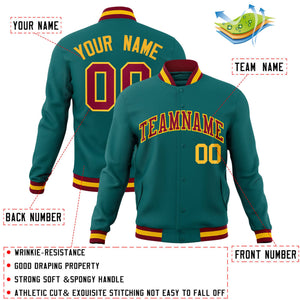 Custom Aqua Crimson-Gold Classic Style Varsity Full-Snap Letterman Jacket