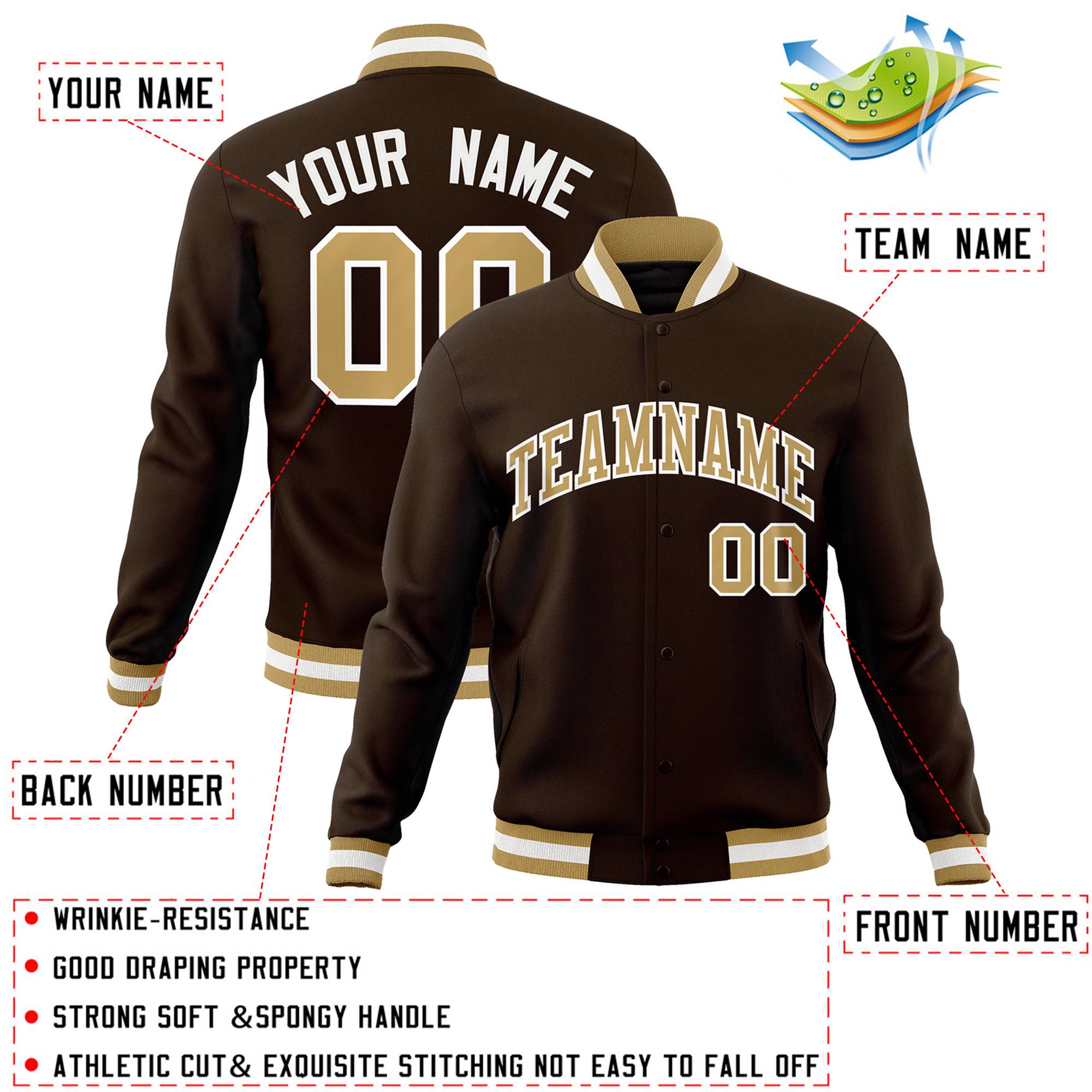 Custom Brown Old Gold-White Classic Style Varsity Full-Snap Letterman Jacket