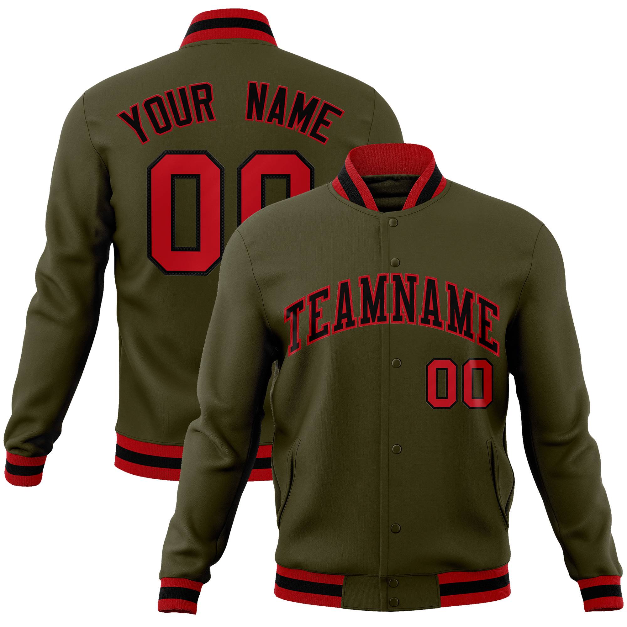 Custom Olive Black-Red Classic Style Varsity Full-Snap Letterman Jacket