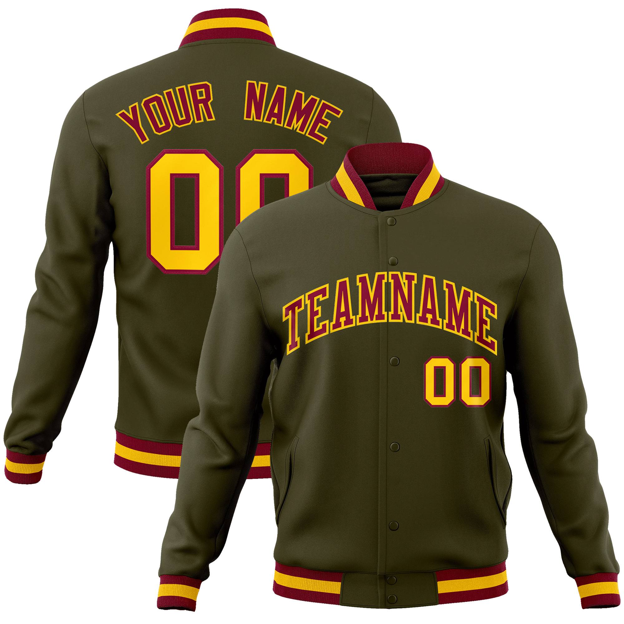 Custom Olive Crimson-Gold Classic Style Varsity Full-Snap Letterman Jacket