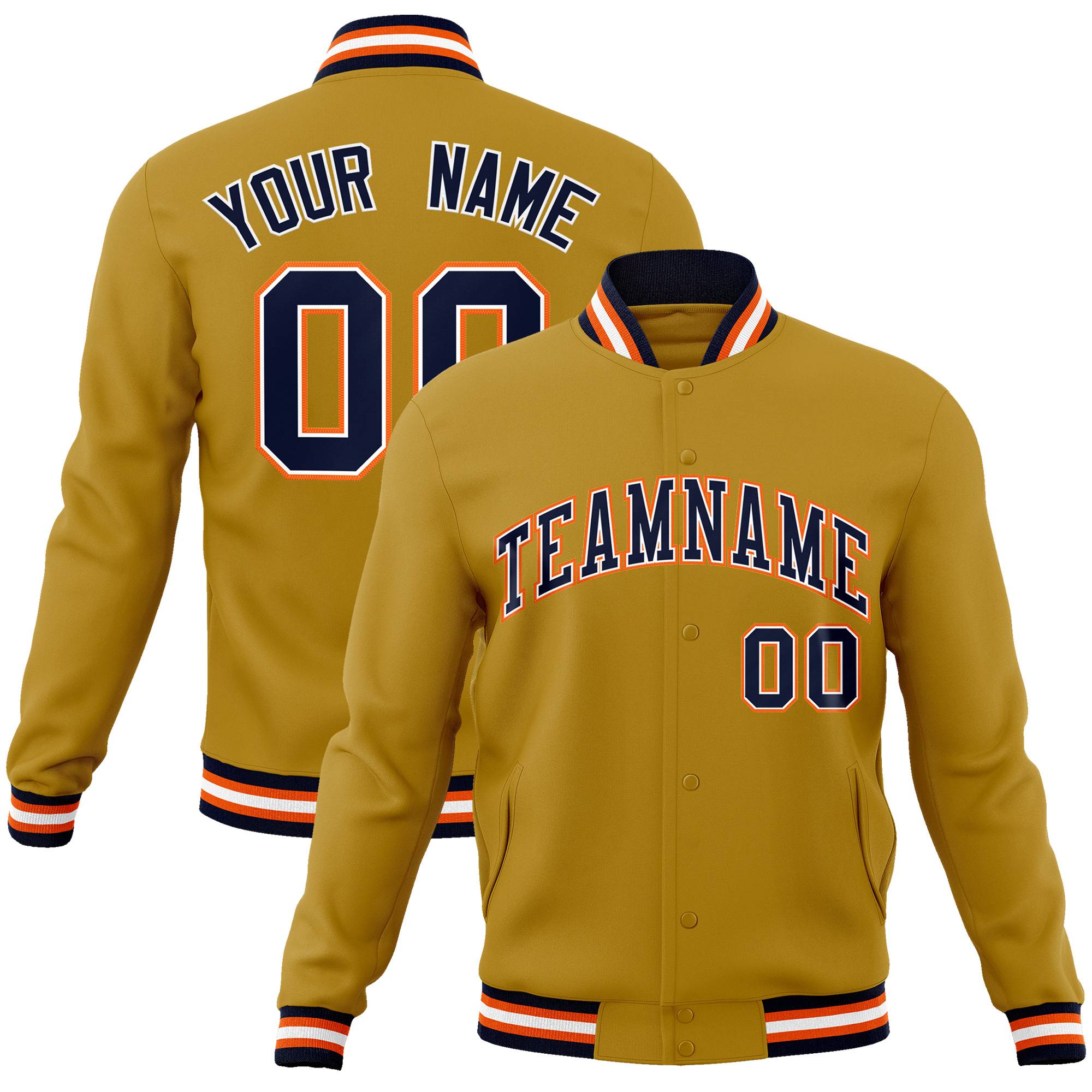 Custom Old Gold Navy-White Classic Style Varsity Full-Snap Letterman Jacket