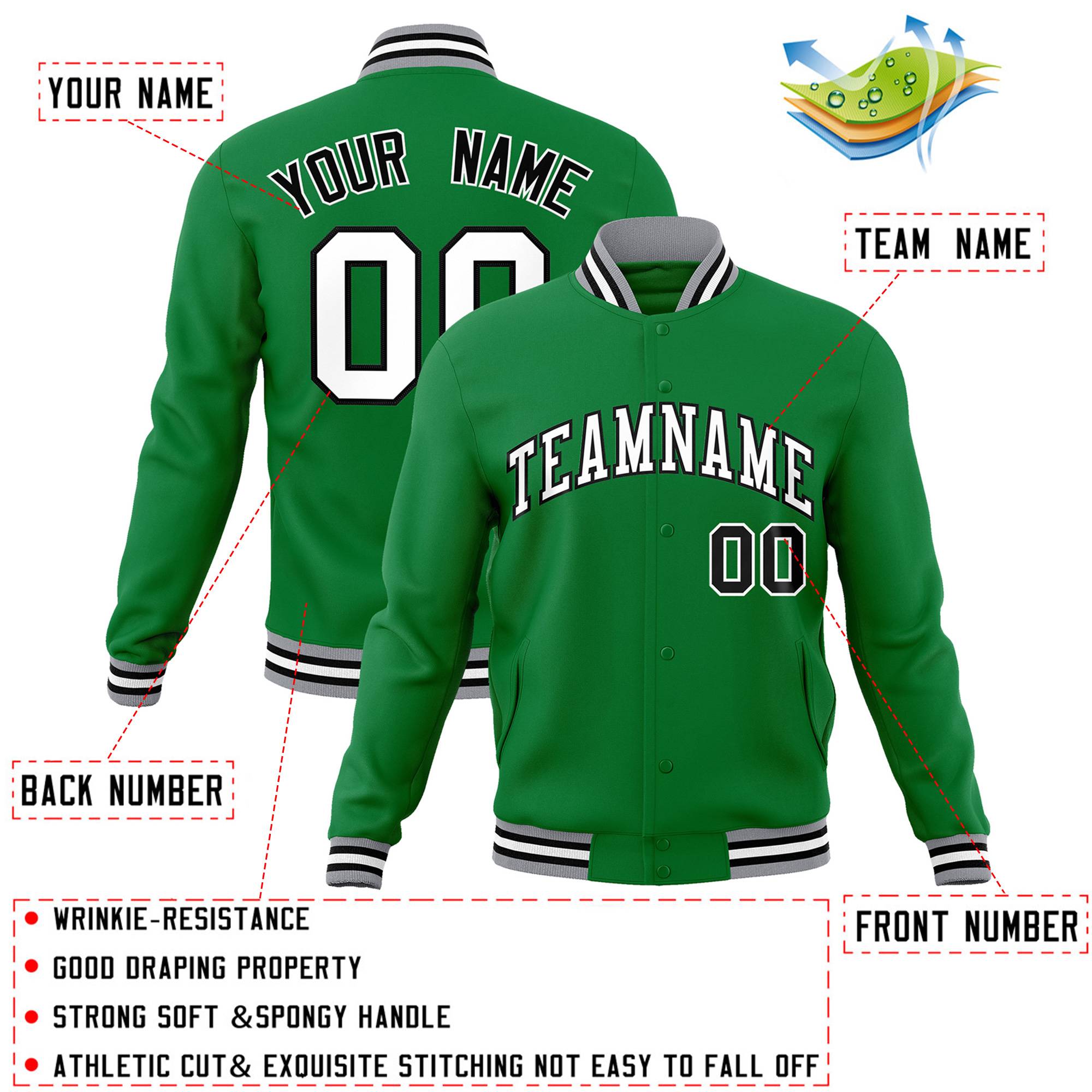 Custom Green White-Black Classic Style Varsity Full-Snap Letterman Jacket