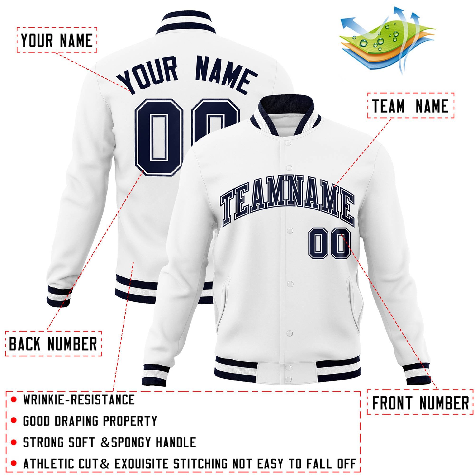 Custom White Navy-White Classic Style Varsity Full-Snap Letterman Jacket