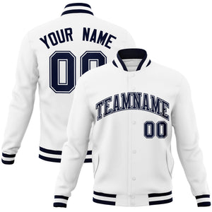 Custom White Navy-White Classic Style Varsity Full-Snap Letterman Jacket