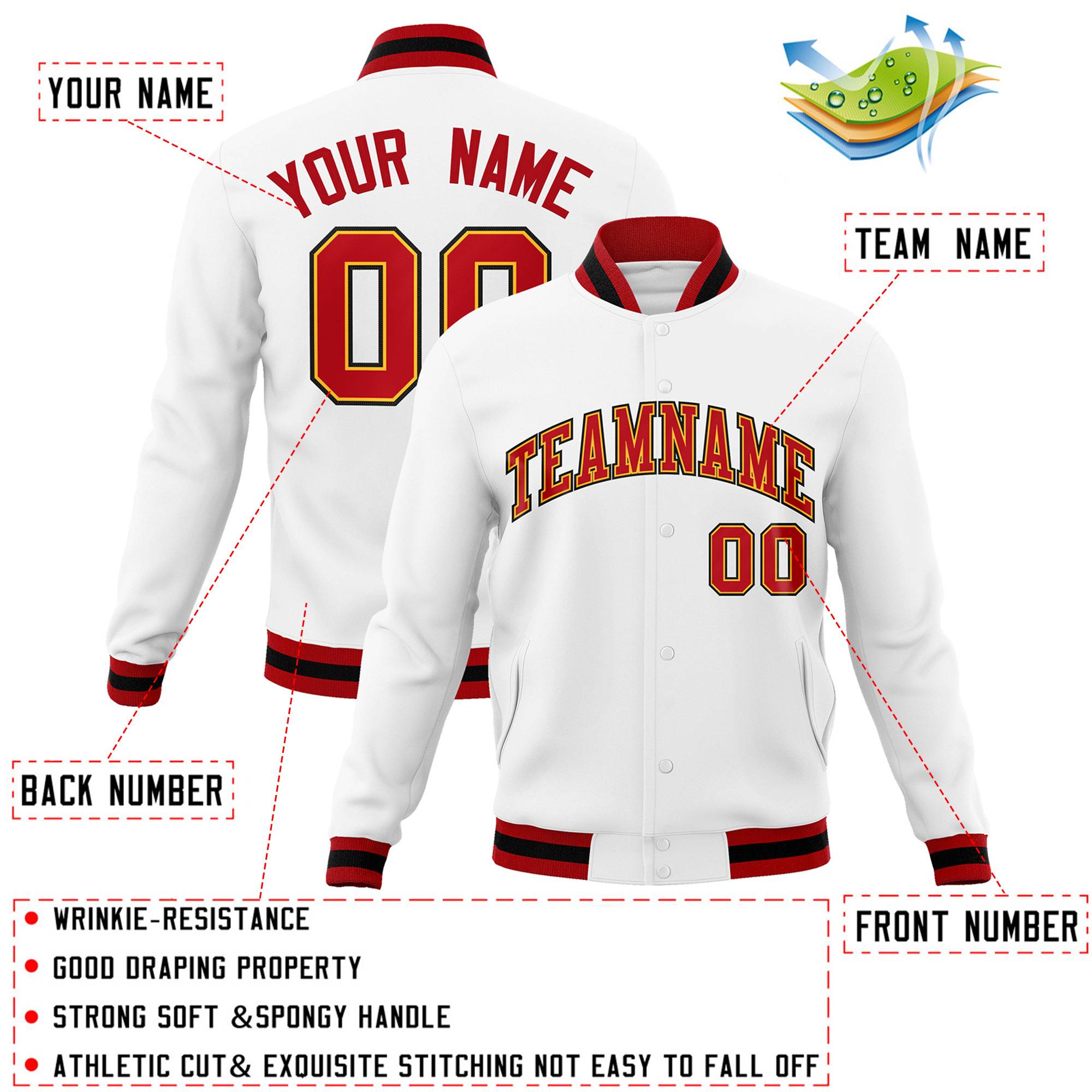 Custom White Red-Yellow Classic Style Varsity Full-Snap Letterman Jacket