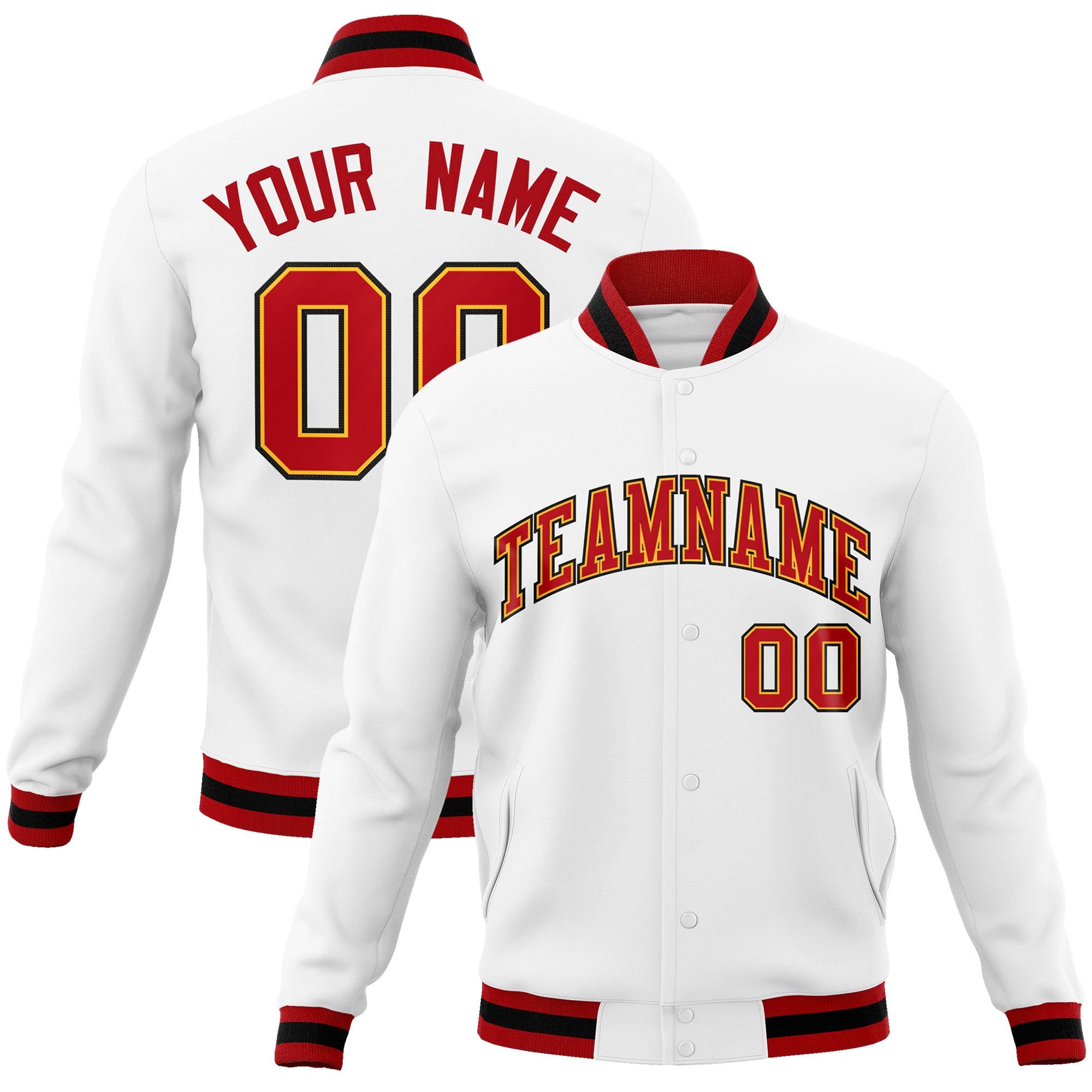 Custom White Red-Yellow Classic Style Varsity Full-Snap Letterman Jacket