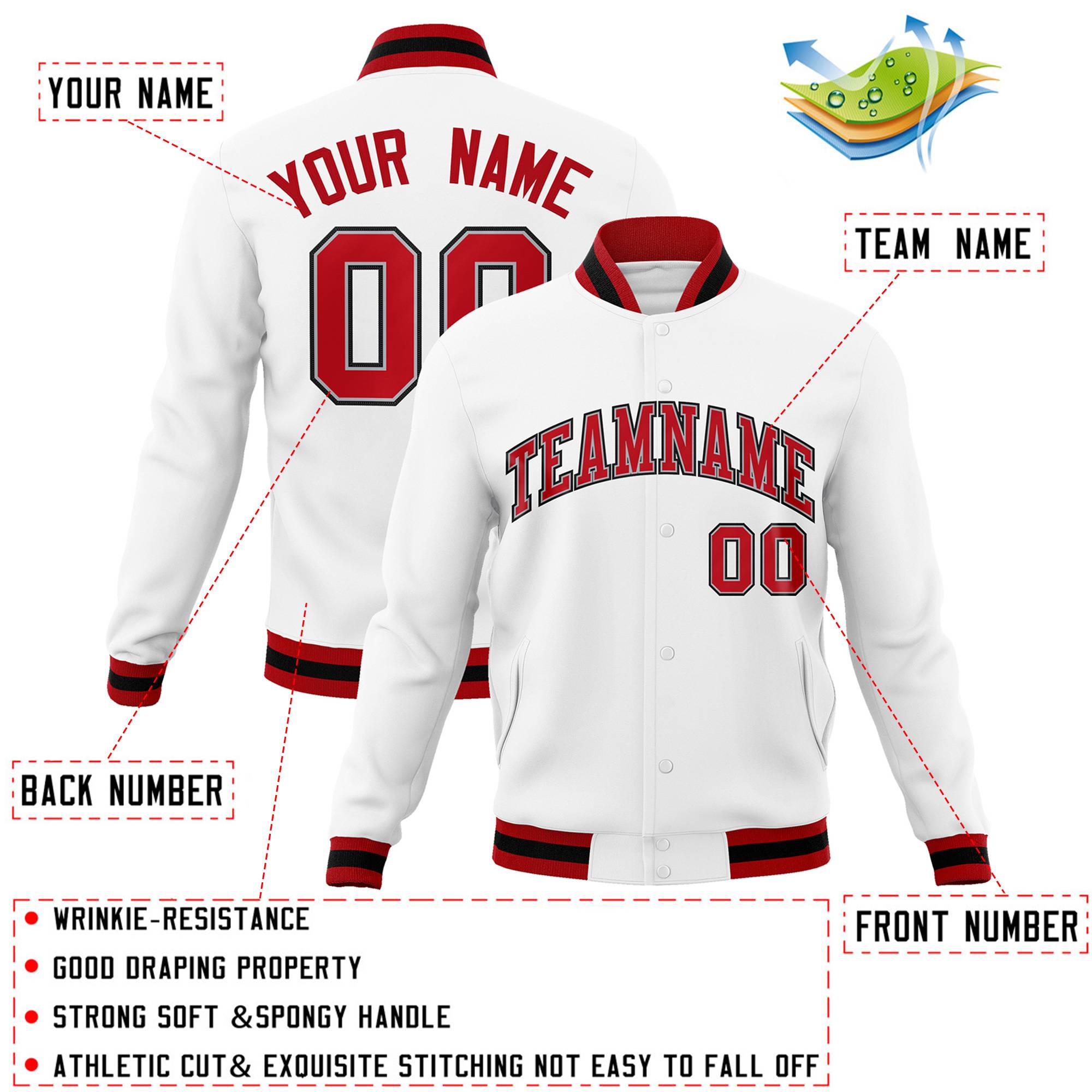 Custom White Red-Gray Classic Style Varsity Full-Snap Letterman Jacket