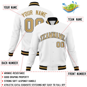 Custom White Old Gold-White Classic Style Varsity Full-Snap Letterman Jacket