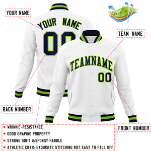 Custom White Navy-Neon Green Classic Style Varsity Full-Snap Letterman Jacket