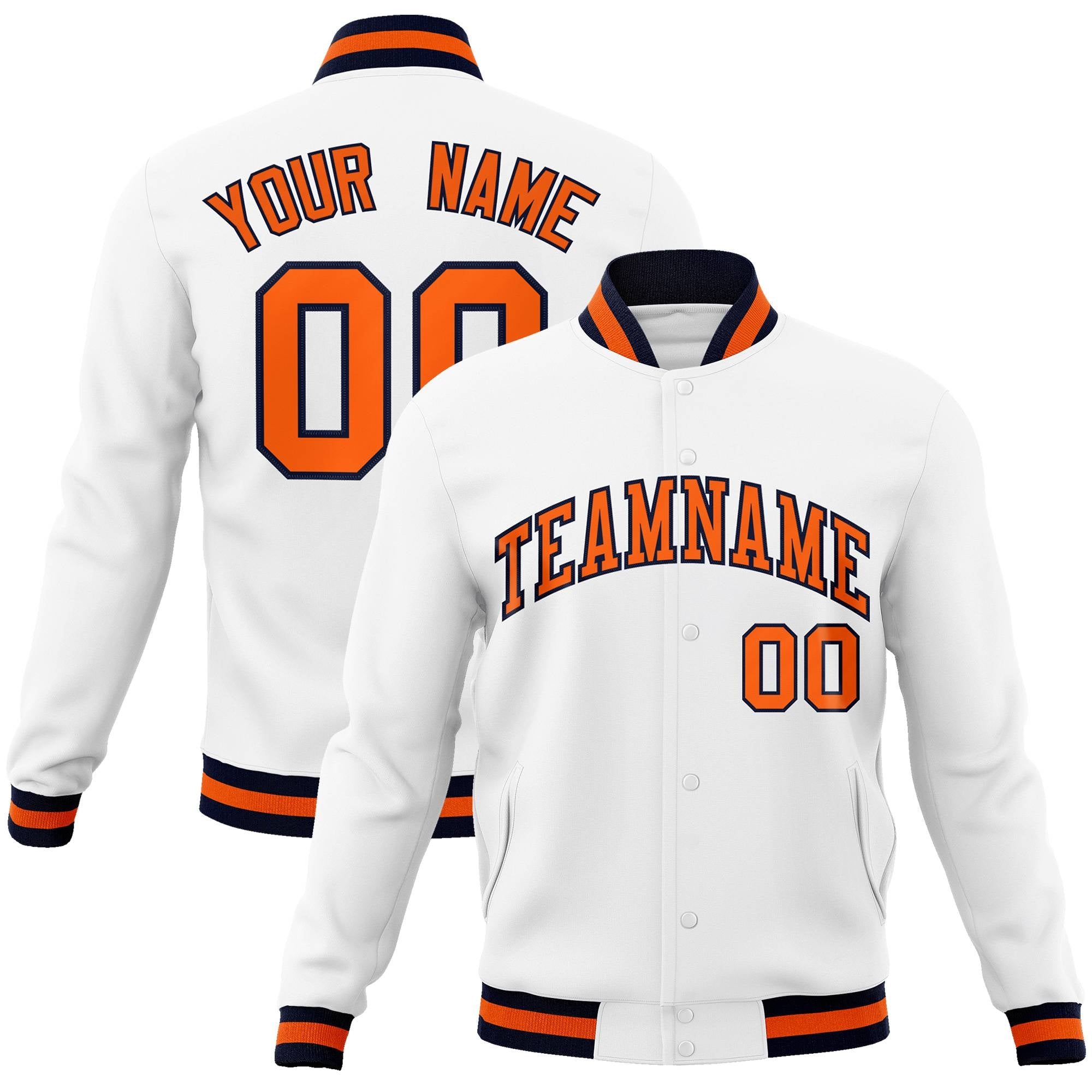 Custom White Orange-Navy Classic Style Varsity Full-Snap Letterman Jacket