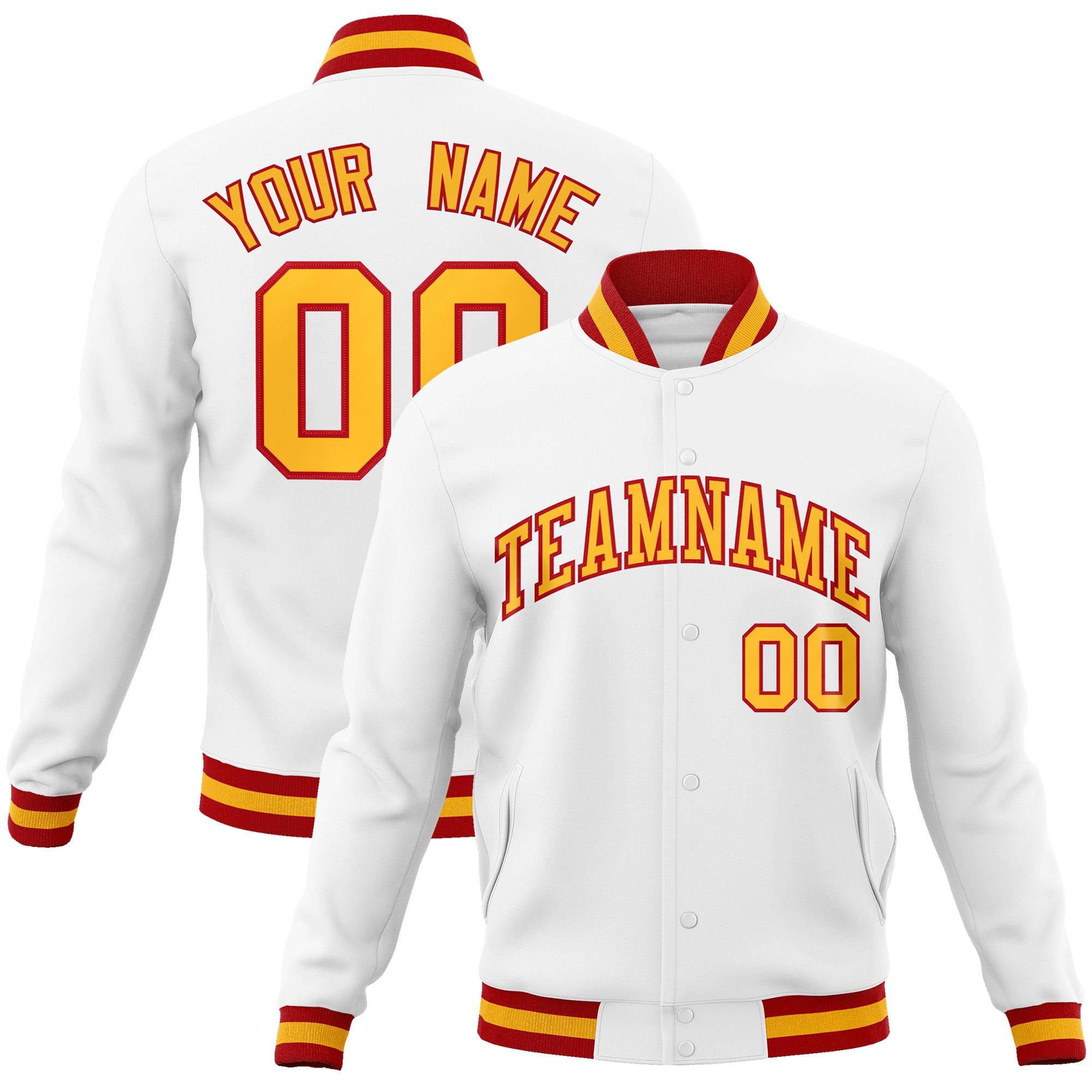 Custom White Yellow-Red Classic Style Varsity Full-Snap Letterman Jacket