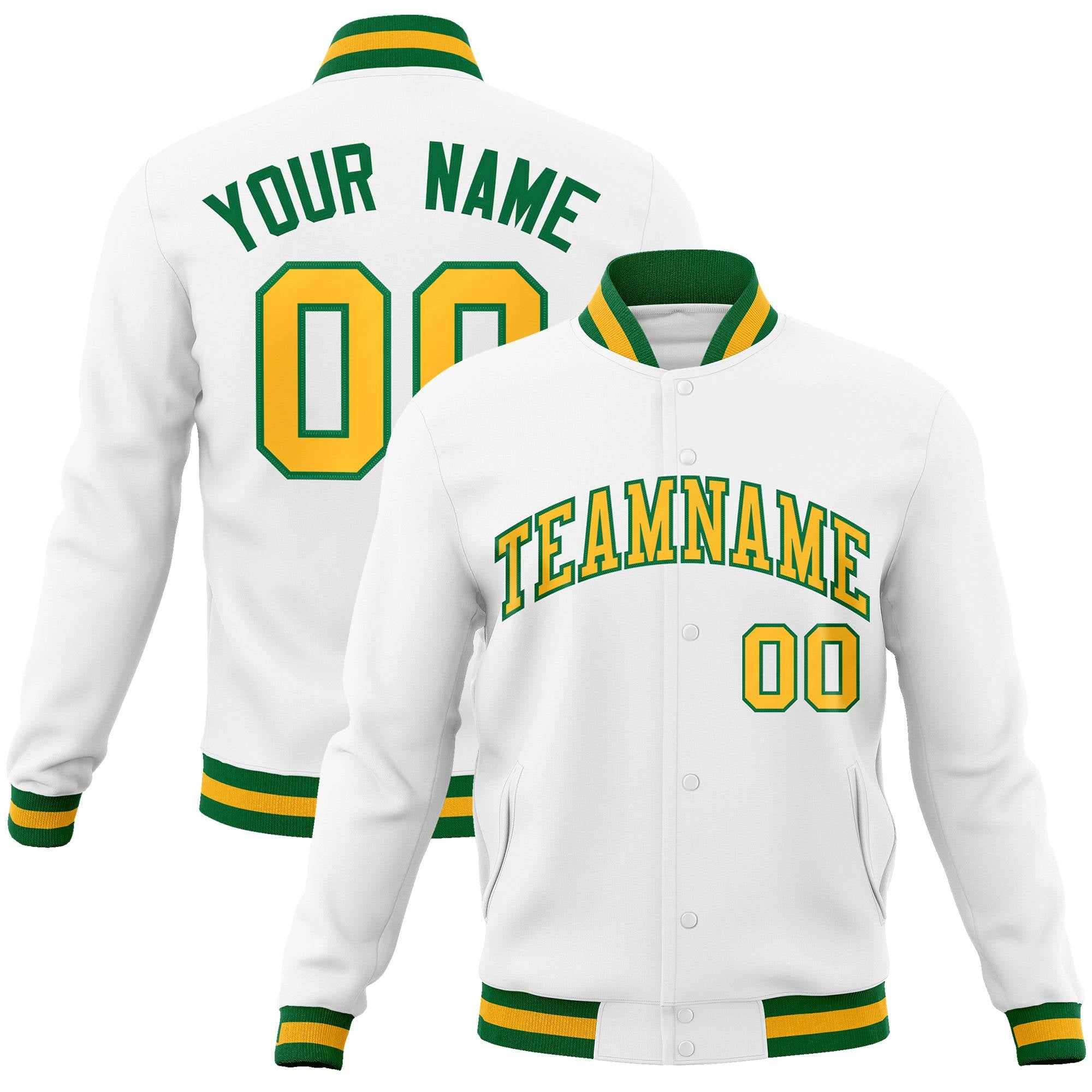 Custom White Yellow-Green Classic Style Varsity Full-Snap Letterman Jacket