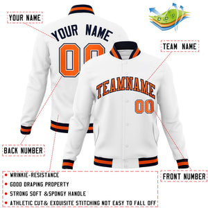 Custom White Orange-Navy Classic Style Varsity Full-Snap Letterman Jacket