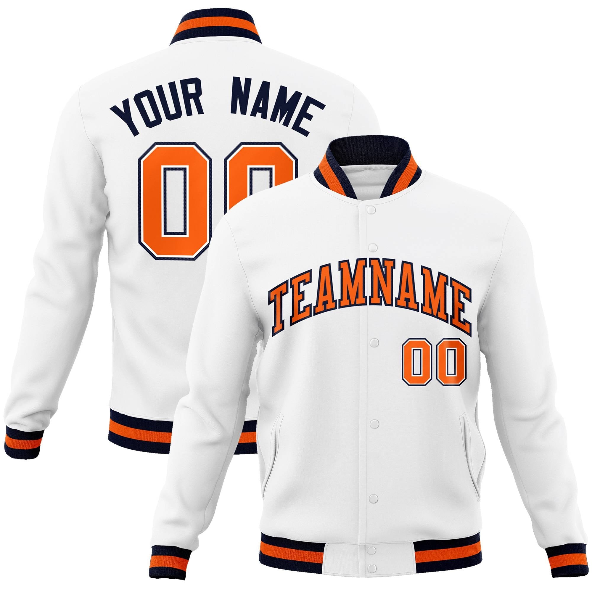 Custom White Orange-Navy Classic Style Varsity Full-Snap Letterman Jacket