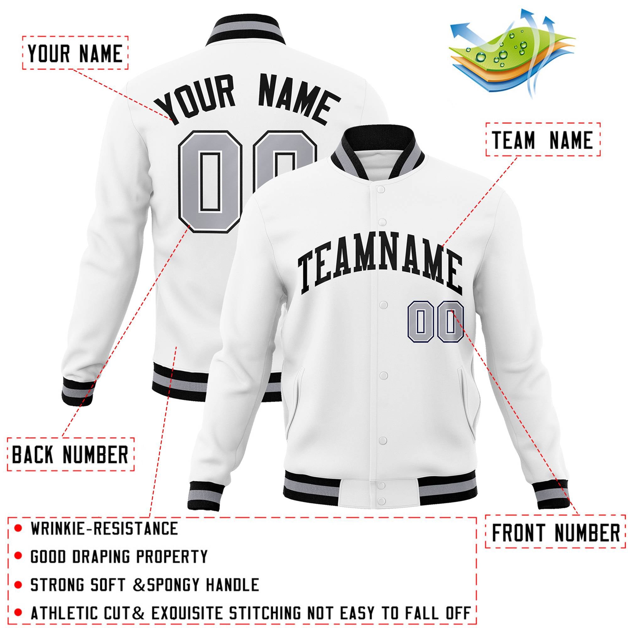 Custom White Black Classic Style Varsity Full-Snap Letterman Jacket