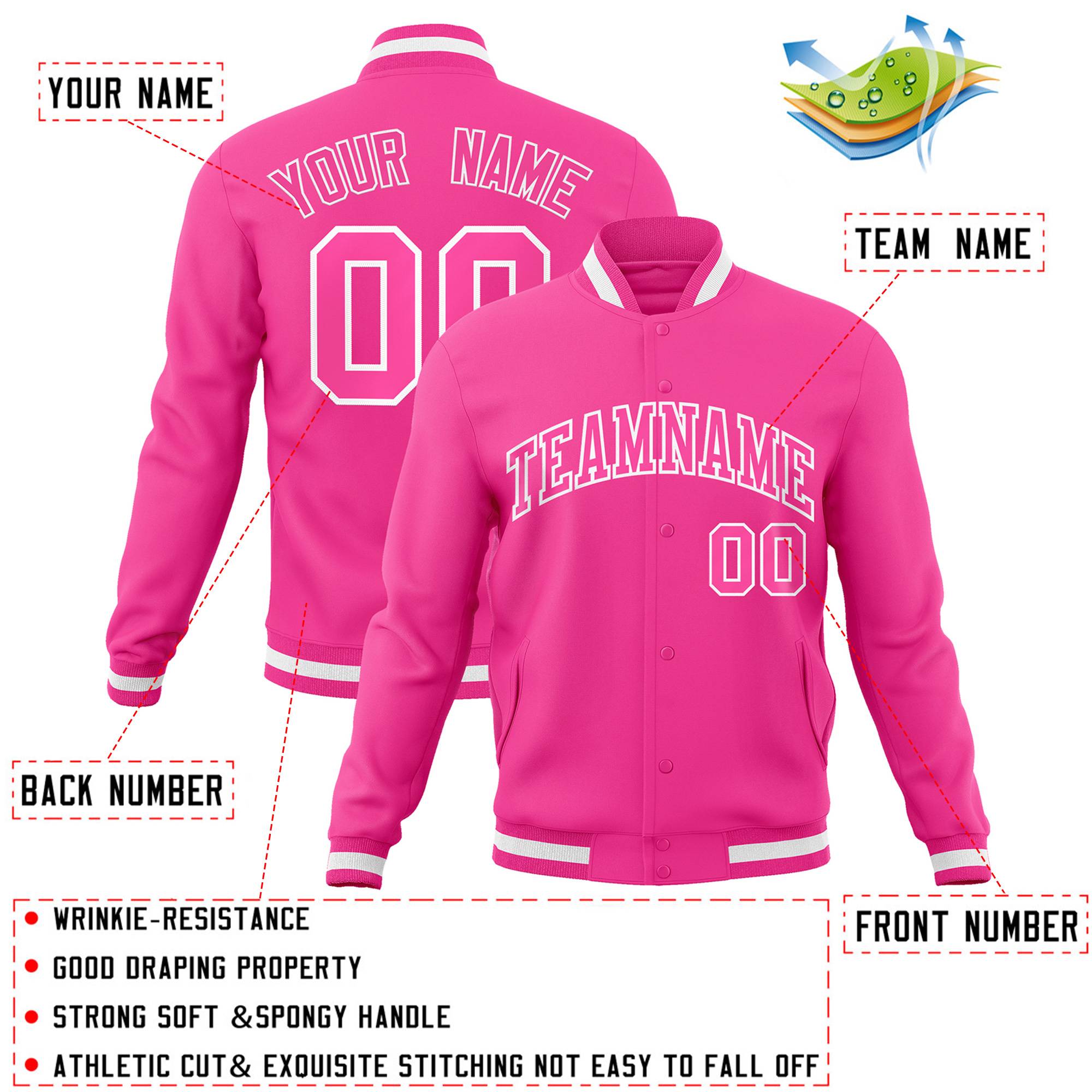 Custom Pink Pink-White Classic Style Varsity Full-Snap Letterman Jacket