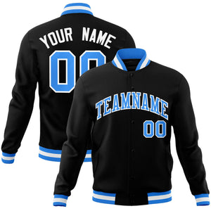 Custom Black Powder Blue-White Classic Style Varsity Full-Snap Letterman Jacket