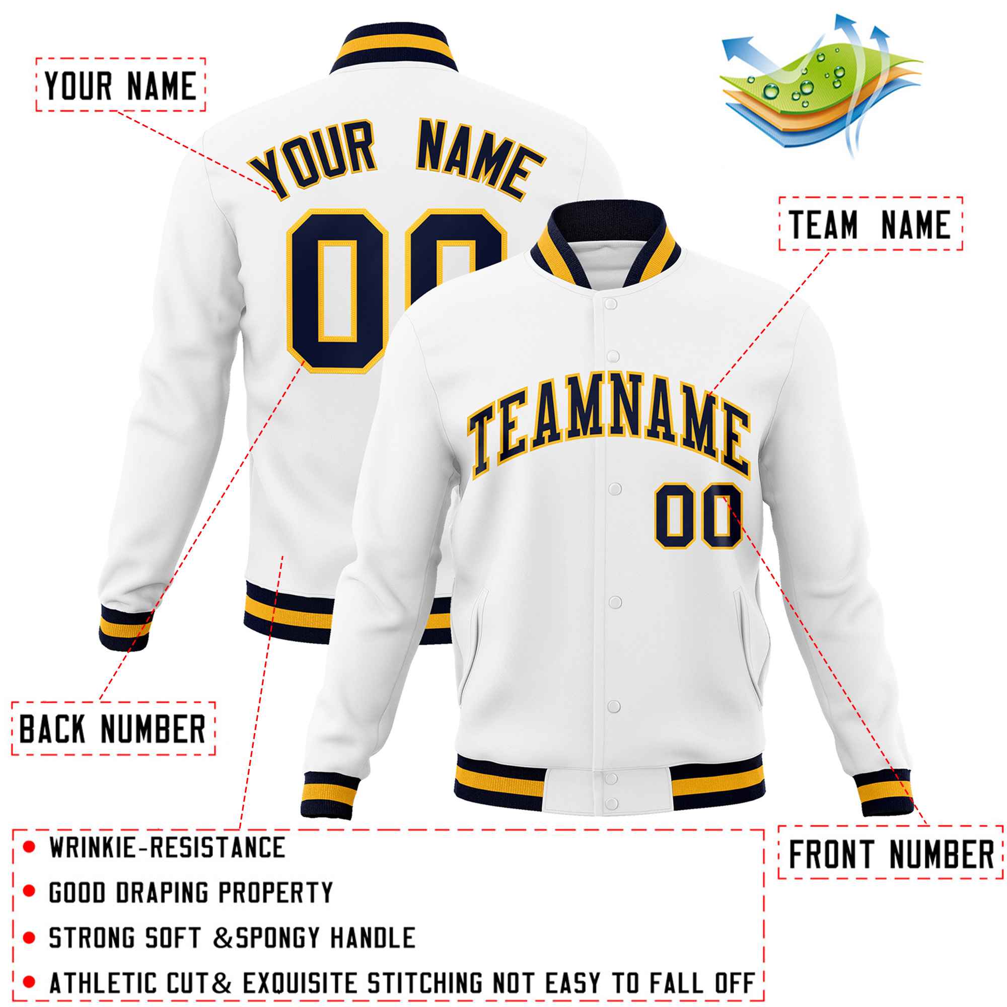 Custom White Navy-Gold Classic Style Varsity Full-Snap Letterman Jacket