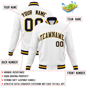 Custom White Navy-Gold Classic Style Varsity Full-Snap Letterman Jacket