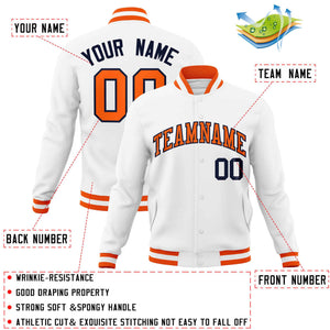 Custom White Orange-Navy Classic Style Varsity Full-Snap Letterman Jacket