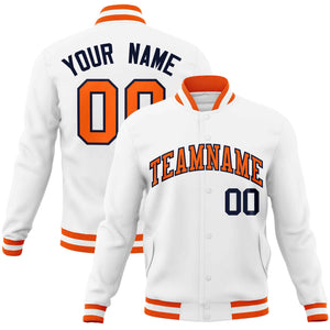 Custom White Orange-Navy Classic Style Varsity Full-Snap Letterman Jacket