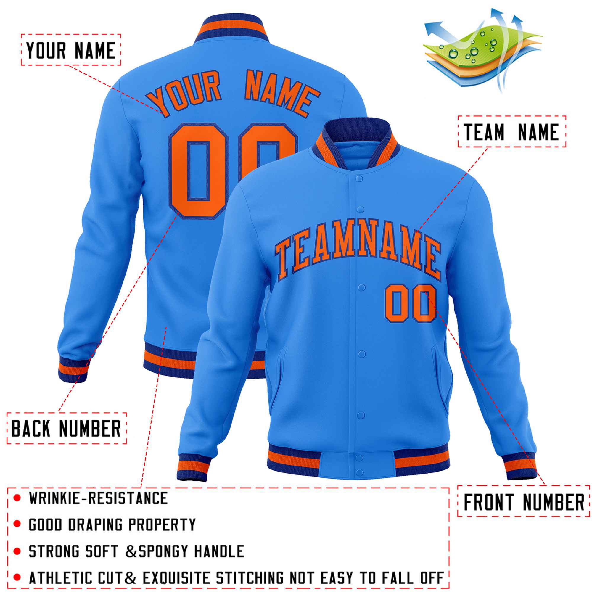 Custom Powder Blue Orange-Royal Classic Style Varsity Full-Snap Letterman Jacket