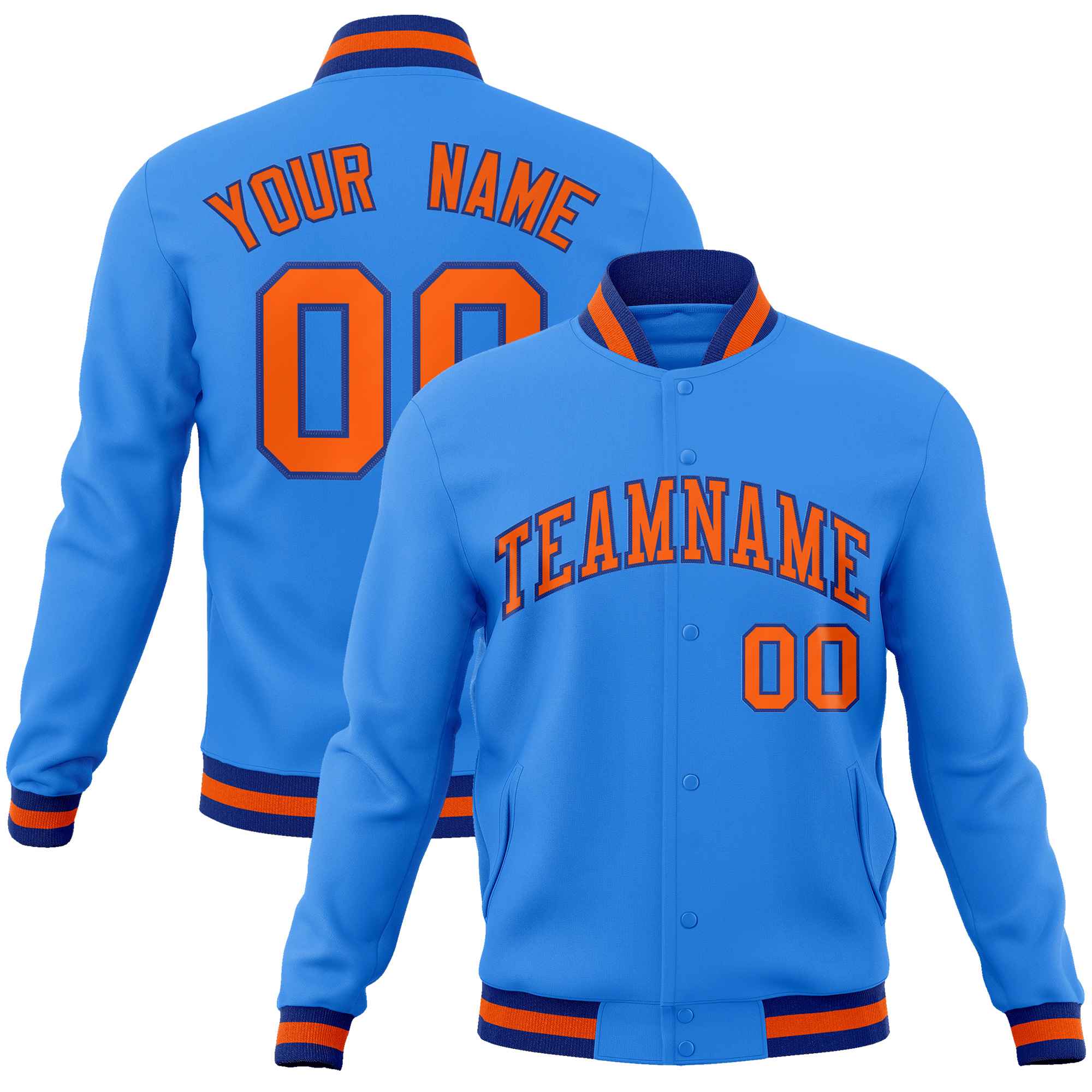 Custom Powder Blue Orange-Royal Classic Style Varsity Full-Snap Letterman Jacket