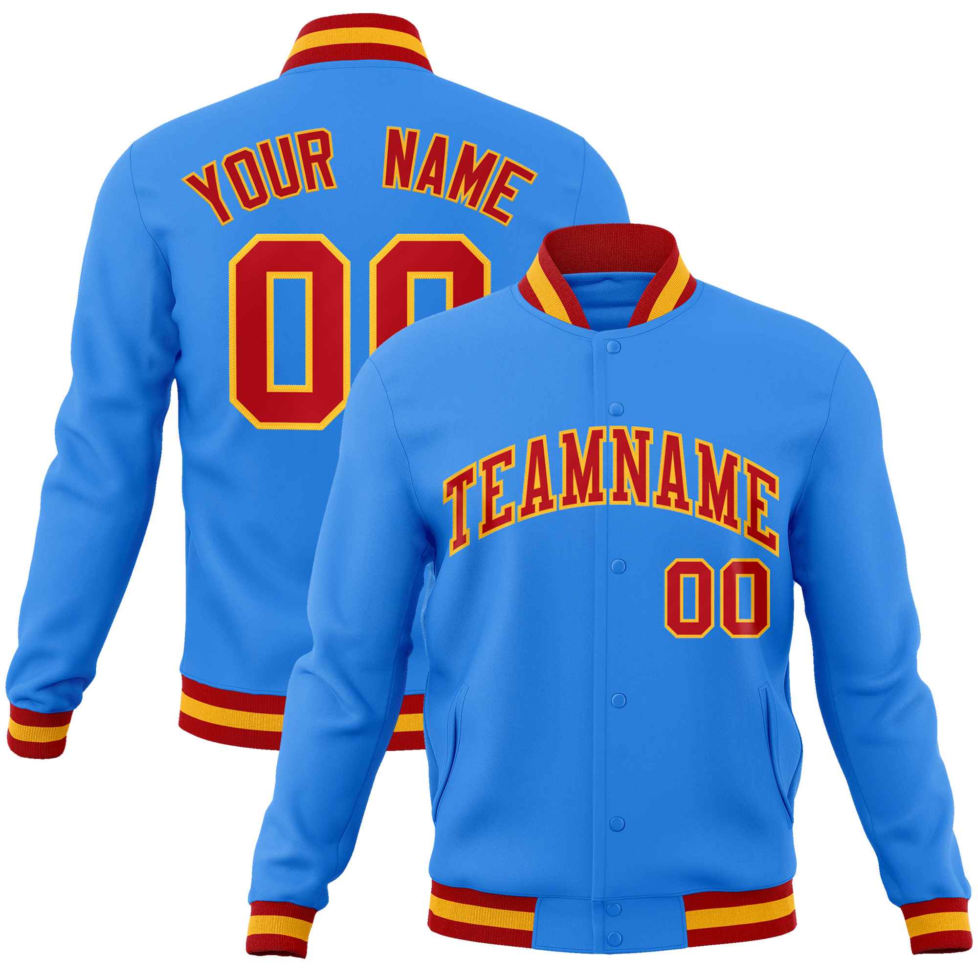 Custom Powder Blue Red-Gold Classic Style Varsity Full-Snap Letterman Jacket