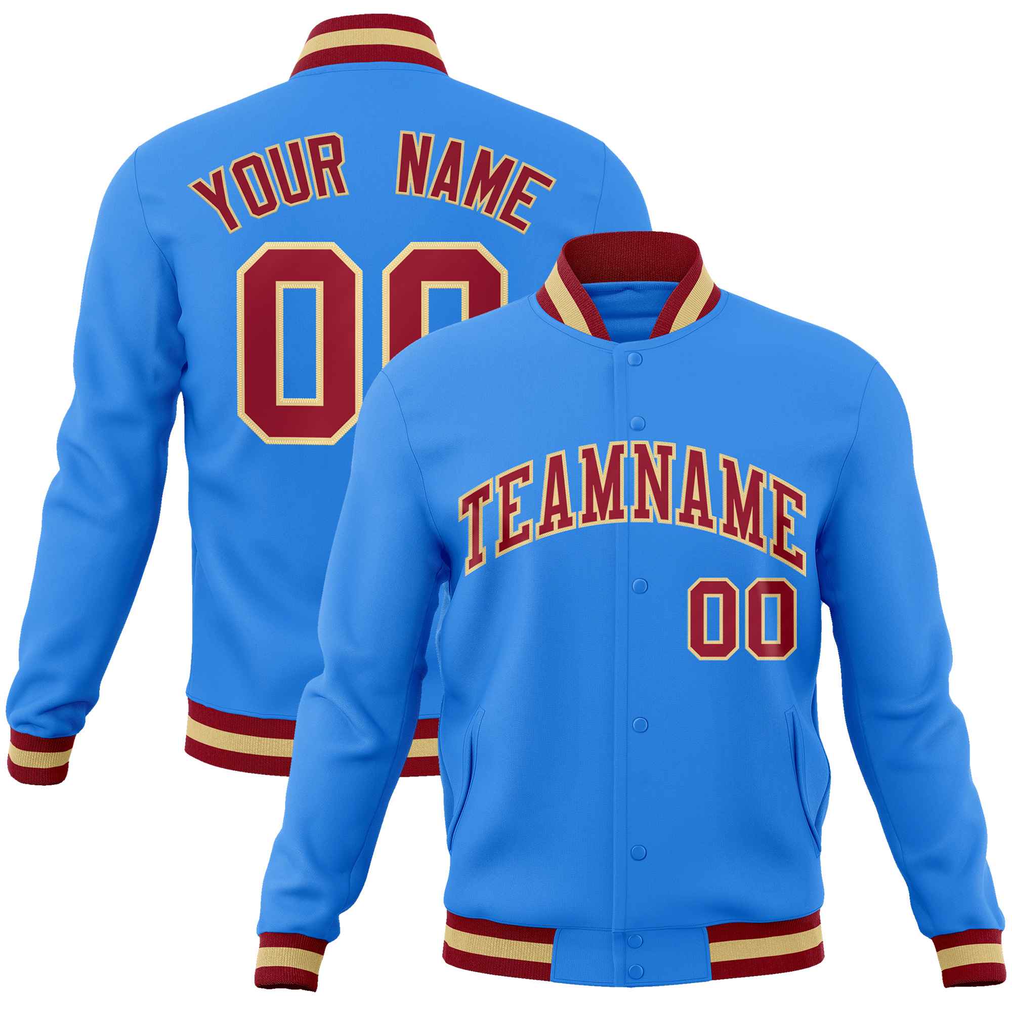 Custom Powder Blue Crimson-Khaki Classic Style Varsity Full-Snap Letterman Jacket