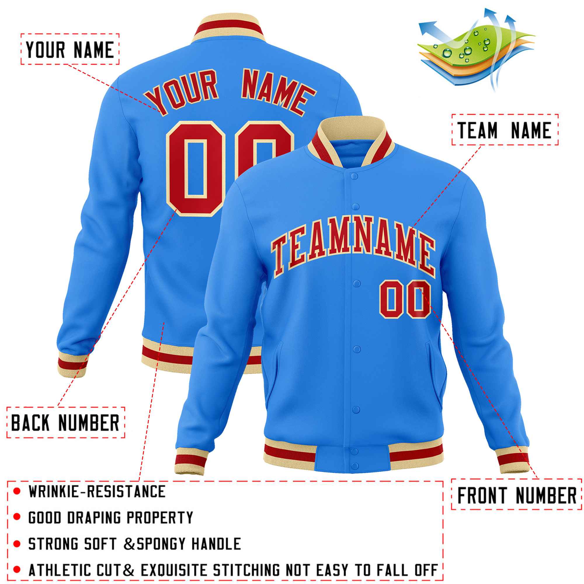 Custom Powder Blue Red-Khaki Classic Style Varsity Full-Snap Letterman Jacket