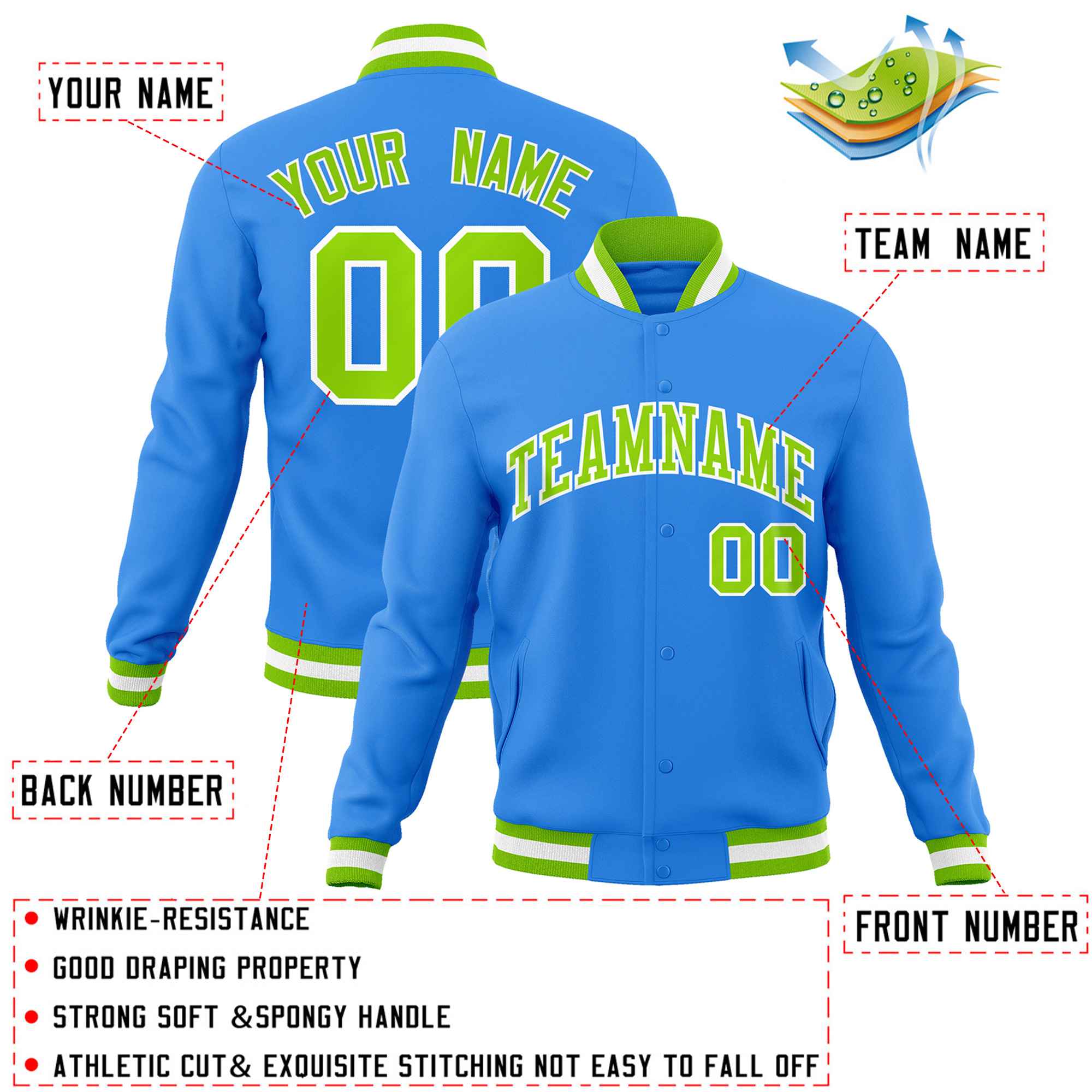 Custom Powder Blue Neon Green-White Classic Style Varsity Full-Snap Letterman Jacket